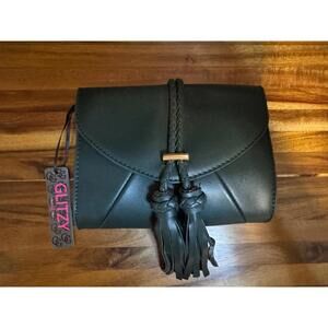 New Glitzy Girlz Dark Green Faux Leather Envelope Bag with Fringe Tassel